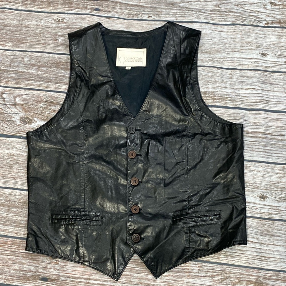 Vintage Georgetown Leather design black vest sz 44 fully lined